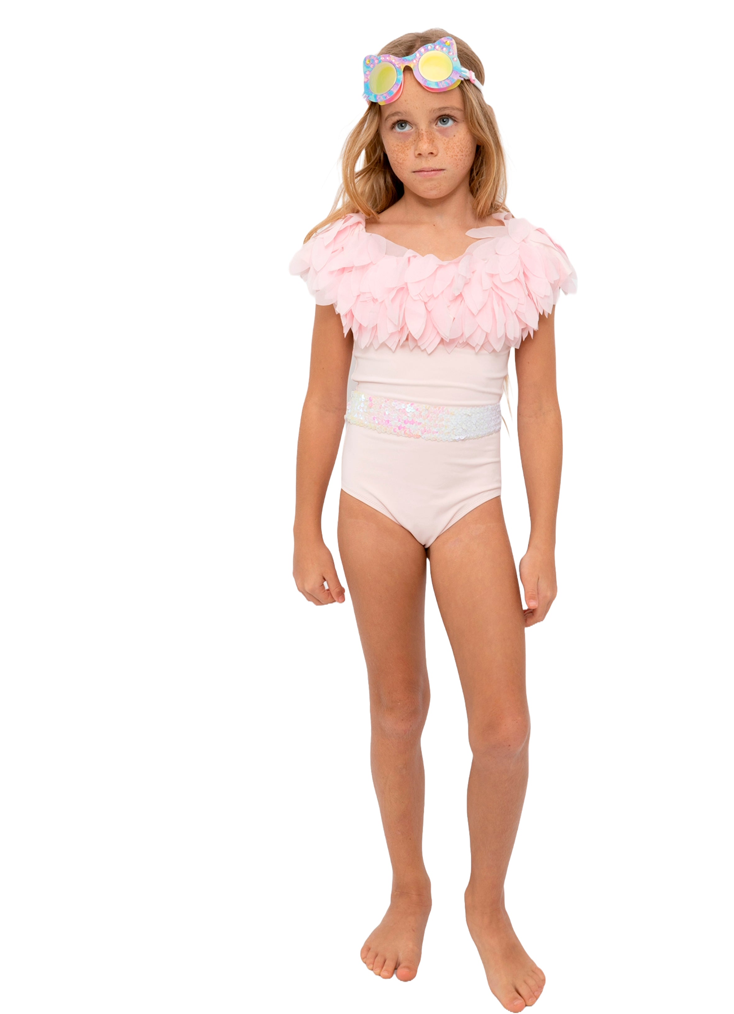 Pink Swimsuit With Petals & Sequin Belt