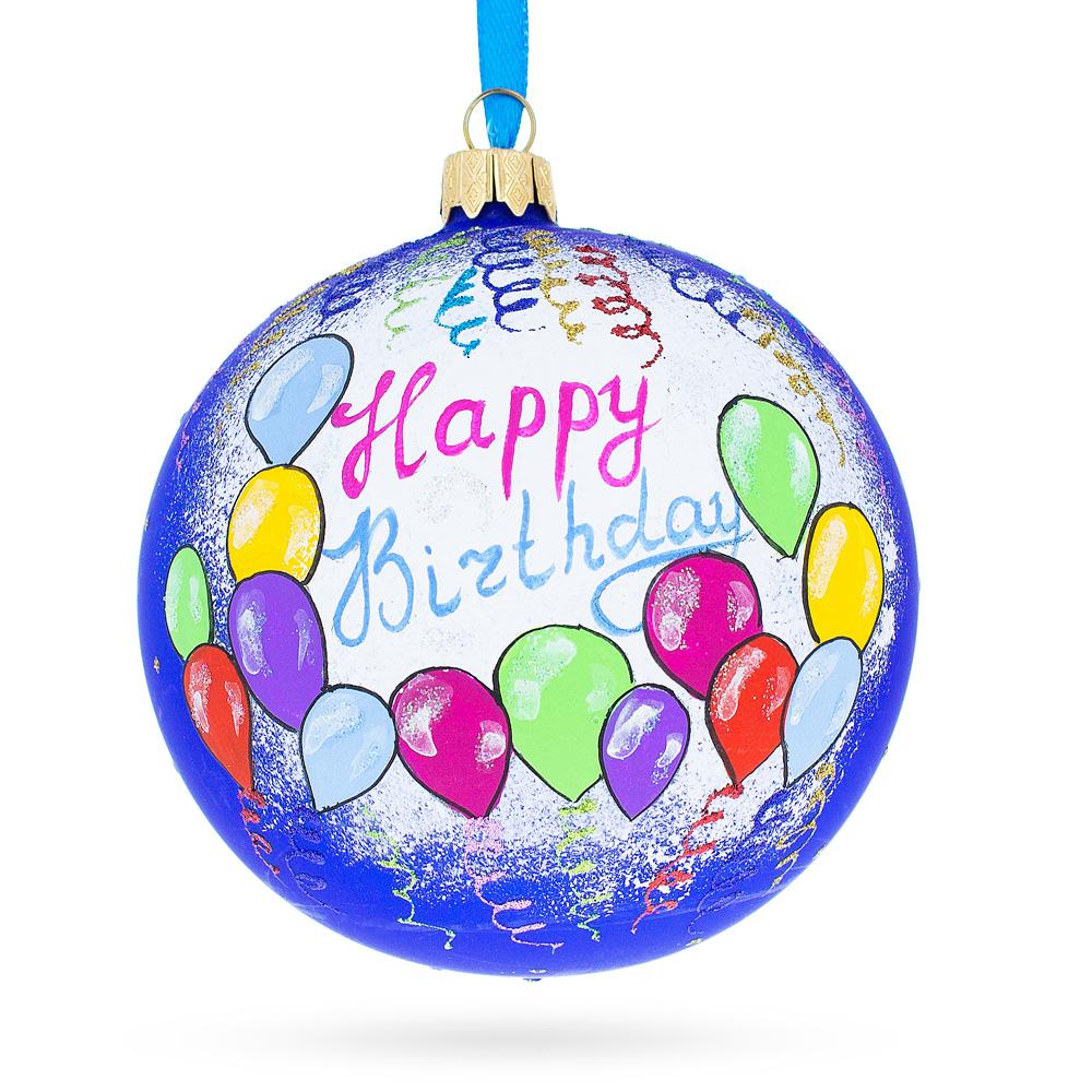 Birthday Delight: Happy Birthday Balloons & Cupcakes Blown Glass Ball Christmas Ornament 4 Inches