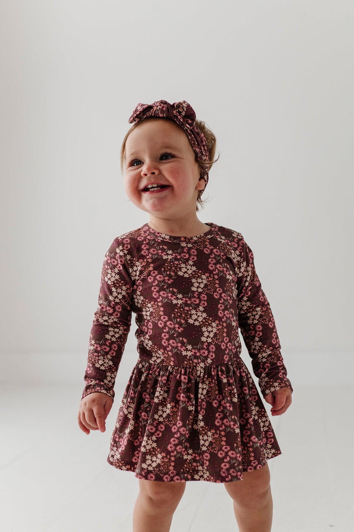 Baby Girl Long Sleeve Bodysuit Dress Set In Cluster Garden Floral