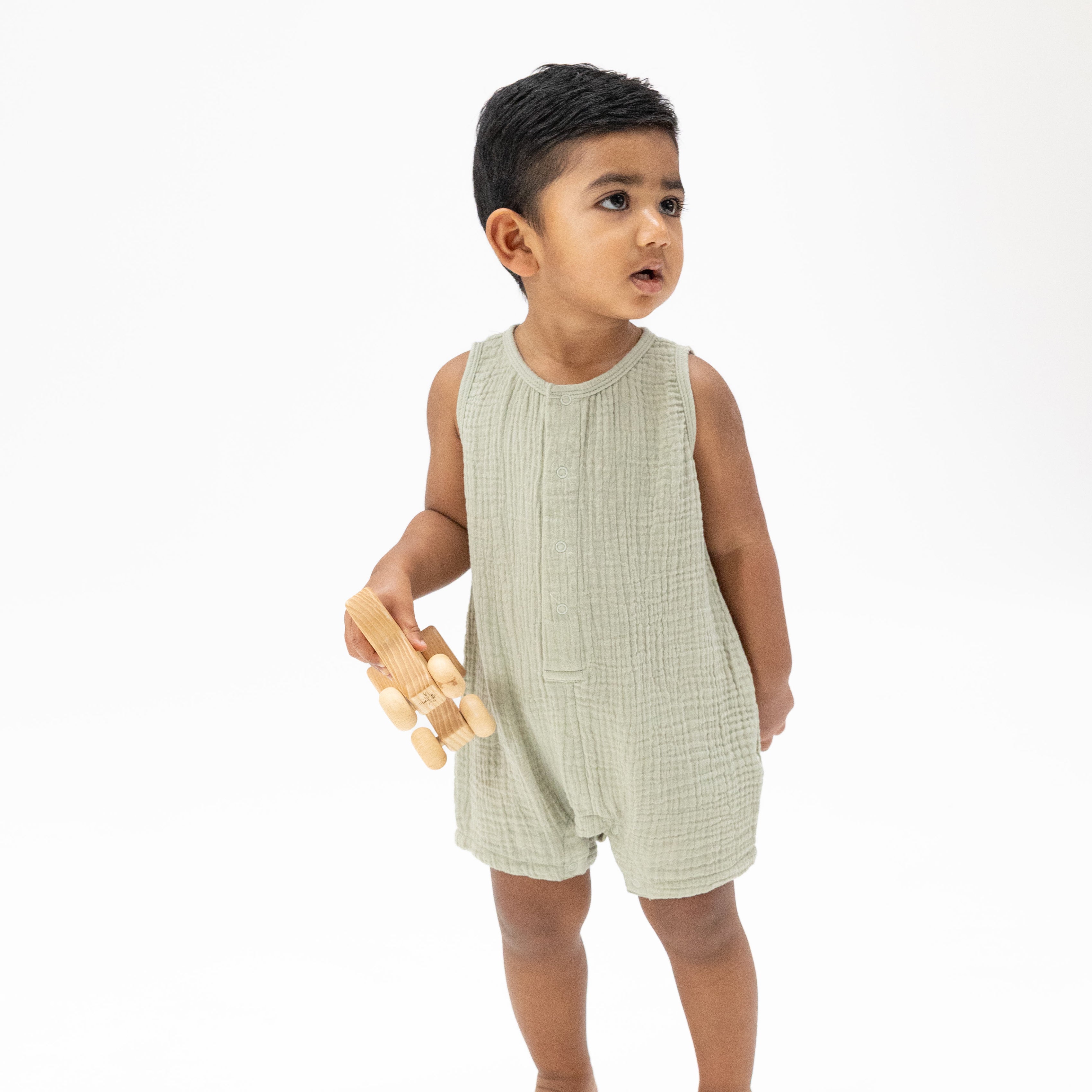 Solid Muslin Desert Green - Sleeveless Shortie Romper