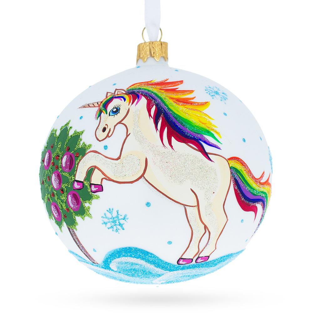 Enchanting Unicorn Blown Glass Ball Christmas Ornament 4 Inches