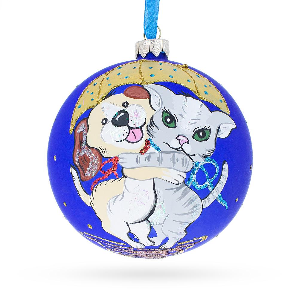 Playful Cat & Dog Blown Glass Ball Christmas Ornament 4 Inches