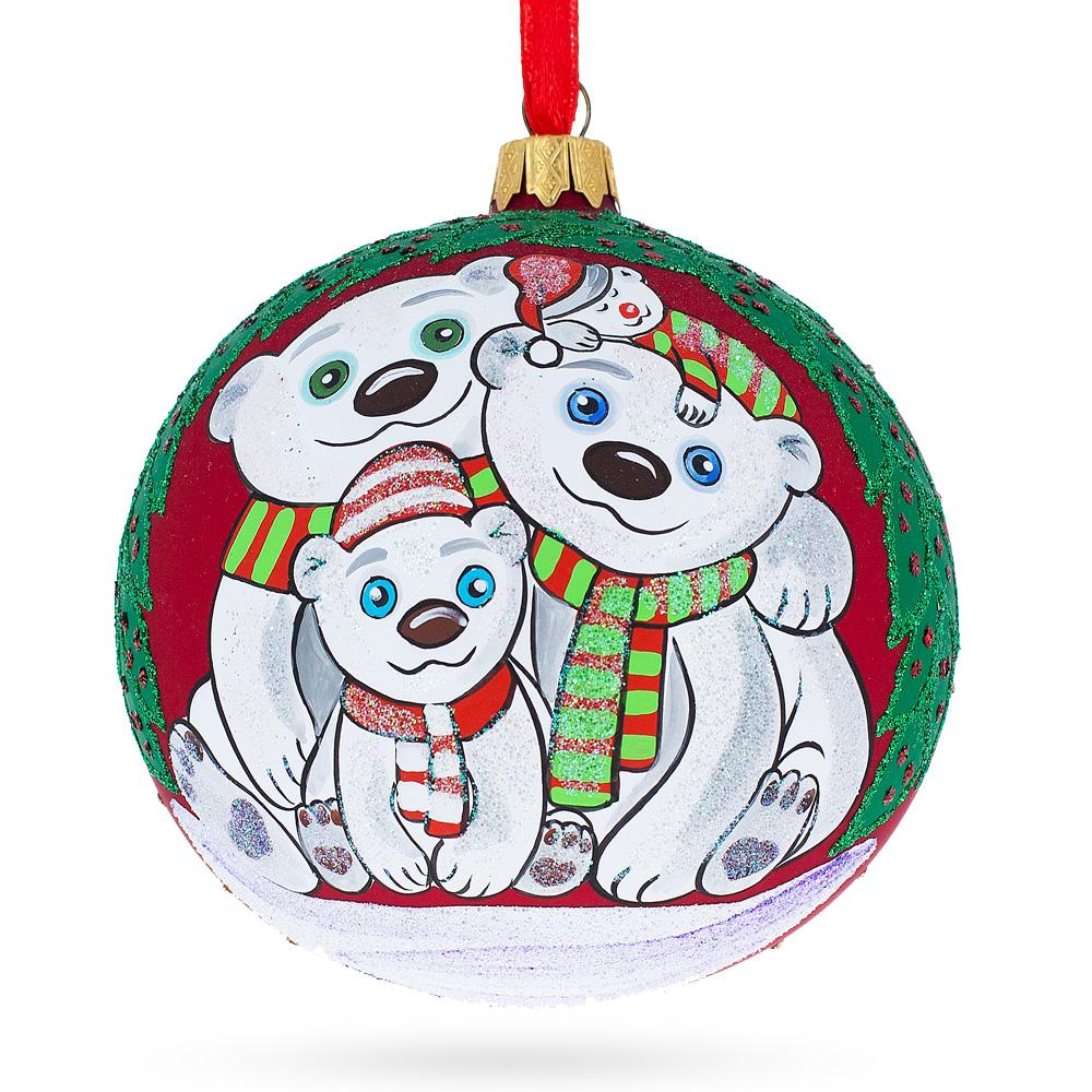 Cozy Bear Family Blown Glass Ball Christmas Ornament 4 Inches