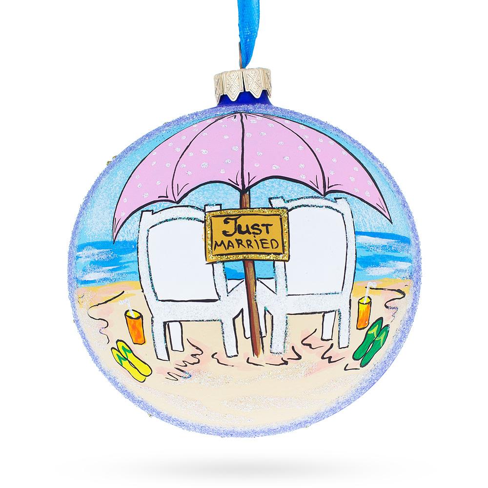 Romantic Bliss: Just Married On The Beach Blown Glass Ball Christmas Ornament 4 Inches