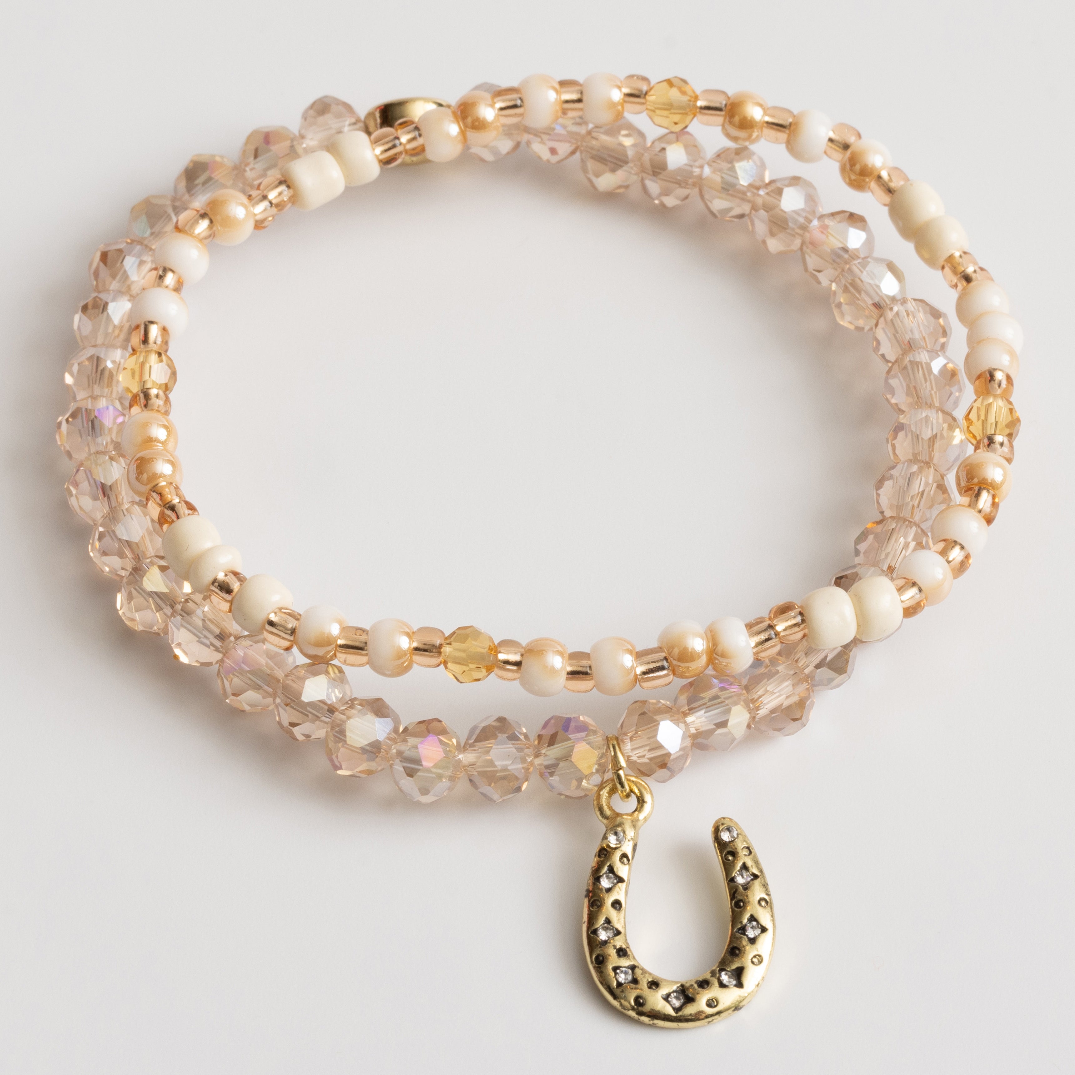 Crystal Bead Gold Horseshoe Charm Stretch Bracelet Set Neutral Tones
