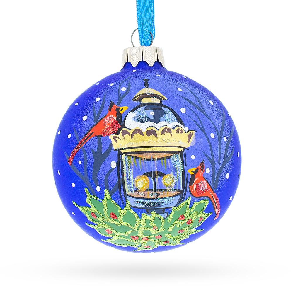 Twilight Serenade: Red Cardinals By Lantern Blown Glass Ball Christmas Ornament 3.25 Inches