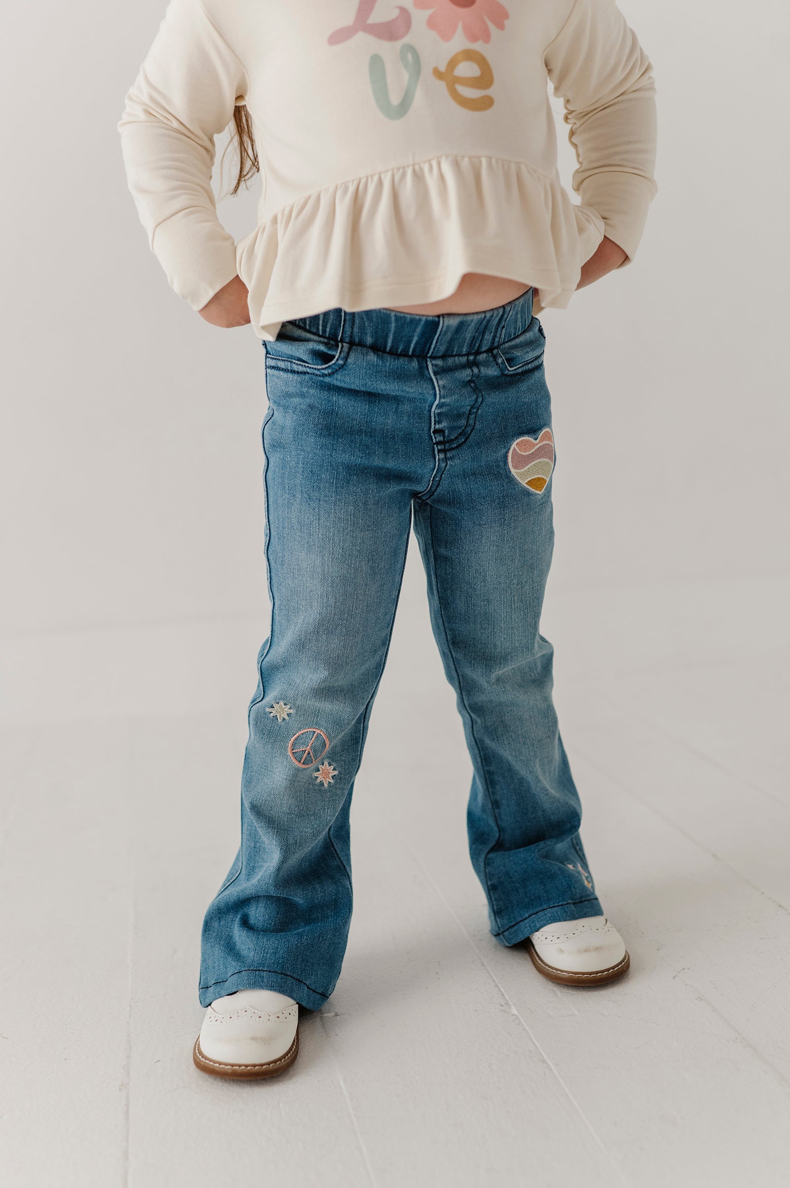 Girls Flare Denim Jeans In Mid Blue Wash