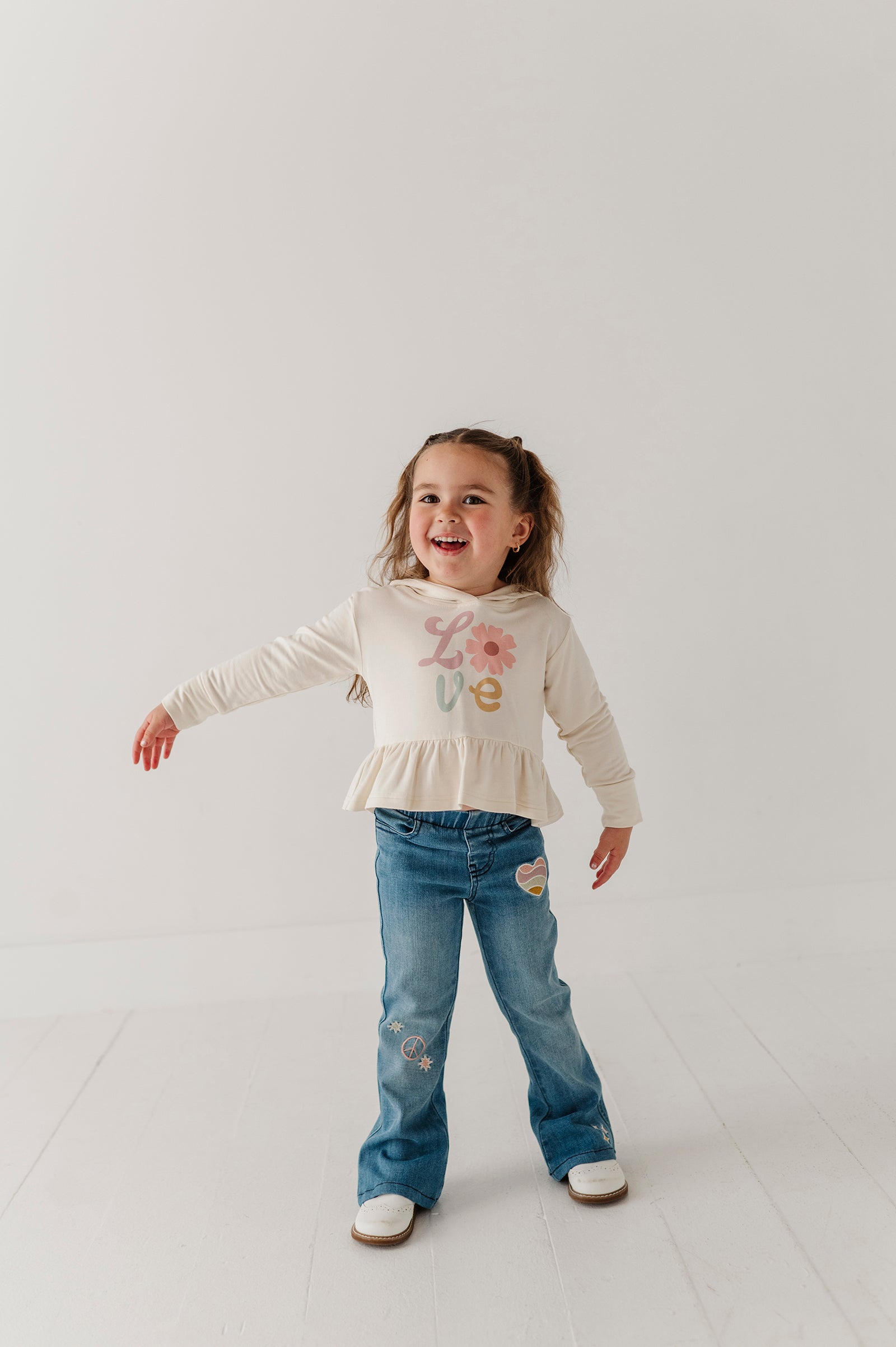Girls Flare Denim Jeans In Mid Blue Wash
