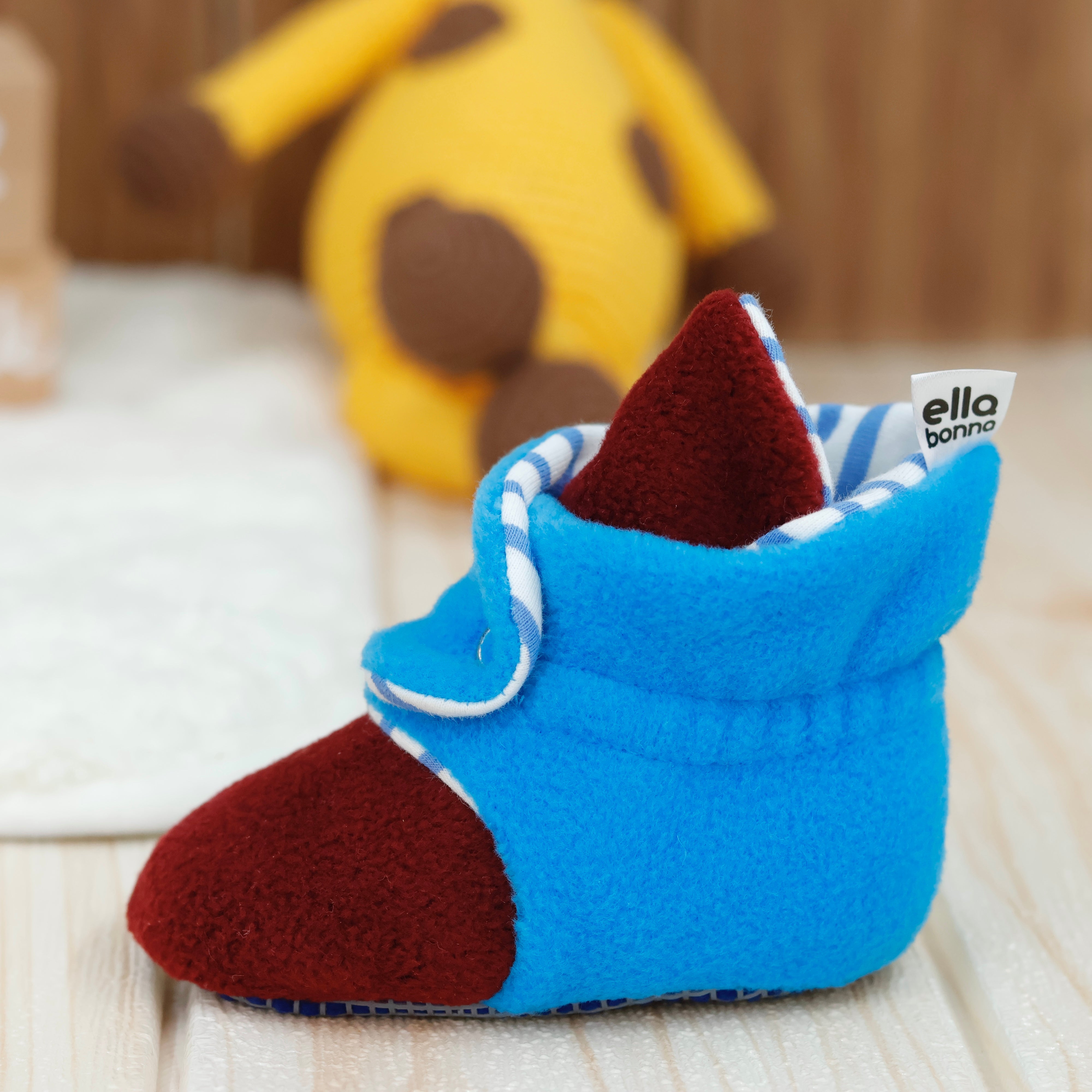 Anti-slip Sole, Fleece Baby Booties, Newborn Home Booties, Sweat Proof Organic Cotton Lining, Burgundy Blue