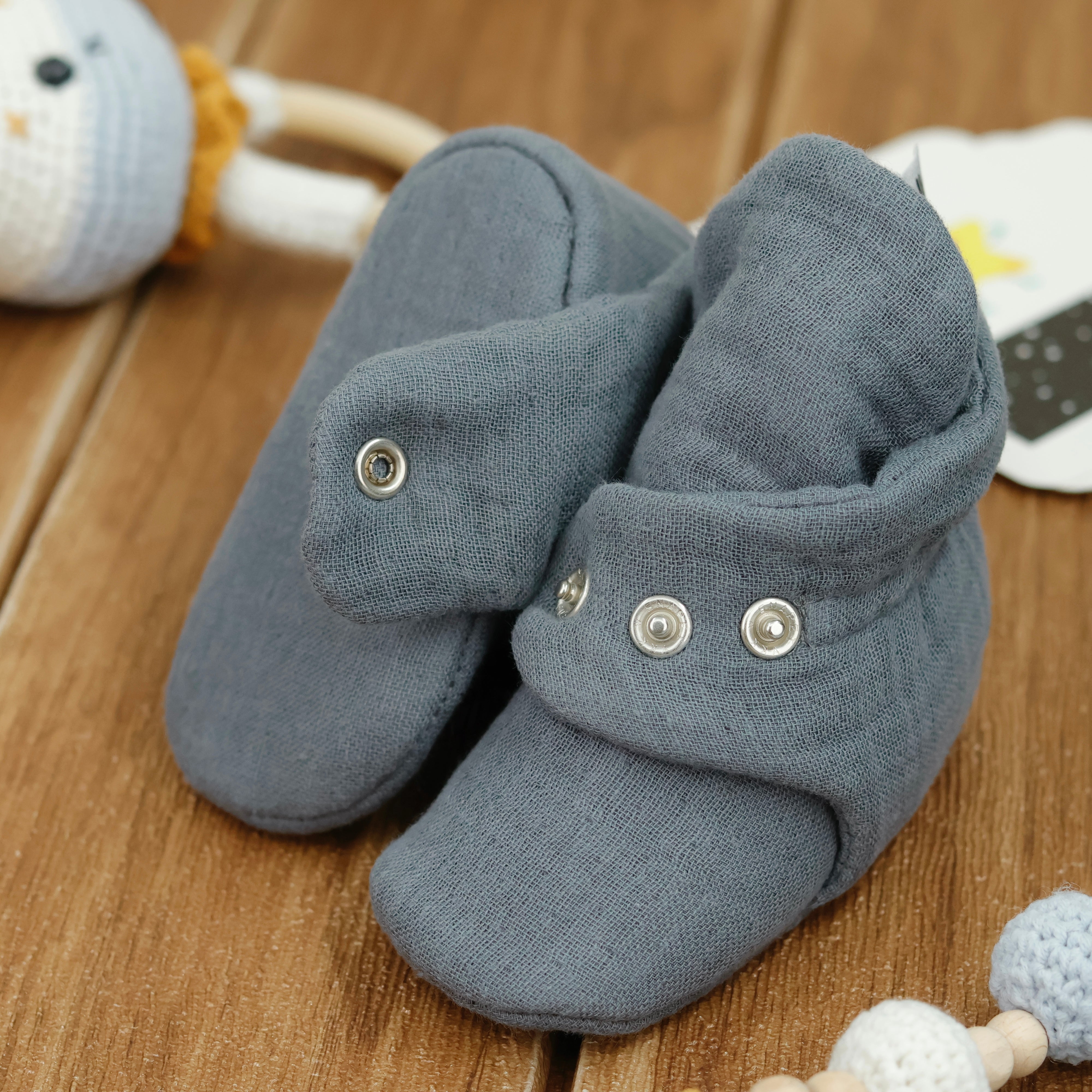 Muslin Stay On Baby Booties Dark Gray