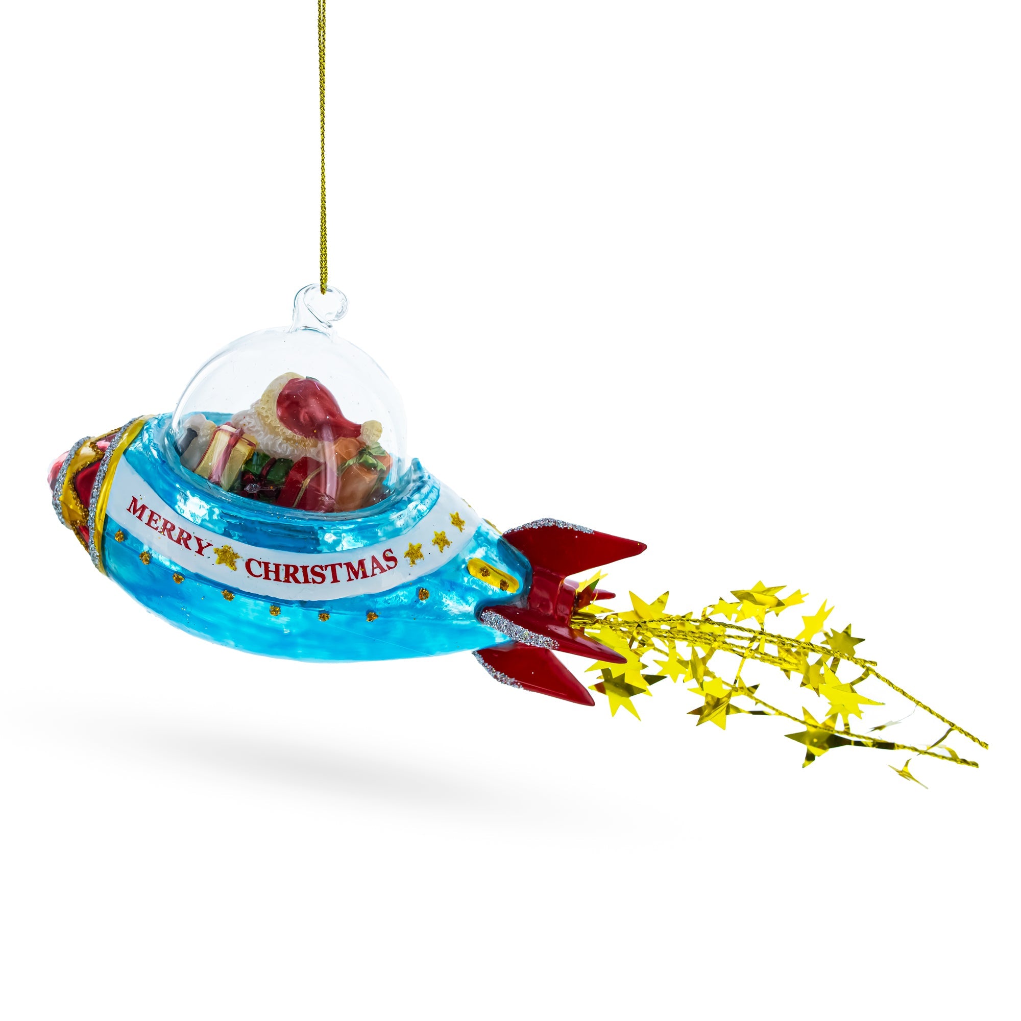 Stellar Voyage: Cosmic Santa Riding Spaceship - Blown Glass Christmas Ornament