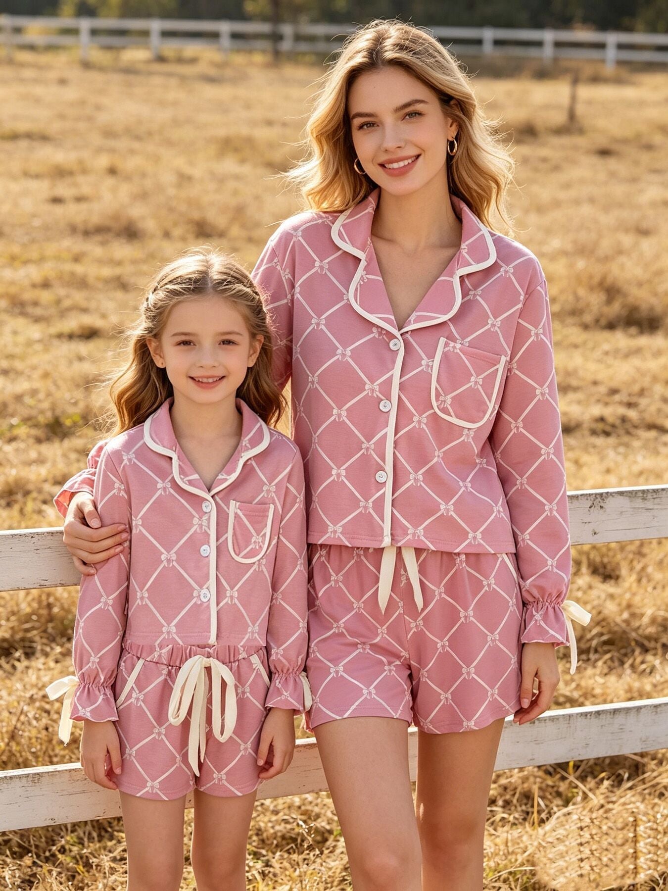Autumn Check Bow Girls Lapel Pajamas