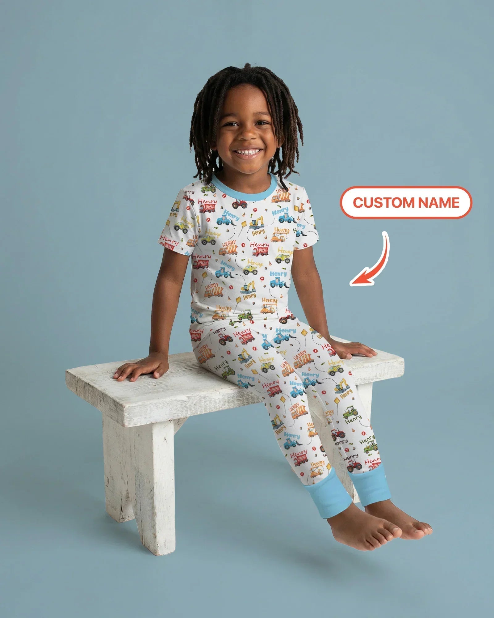 Construction Vehicles Custom Name Bamboo Two Piece Short Sleeve Pajama Set