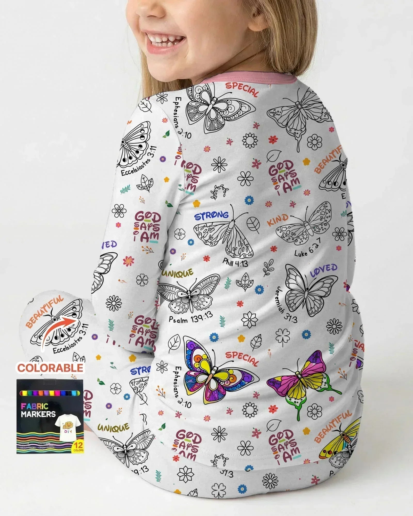 Colorable God Says I Am Butterfly Bamboo Two Piece Long Sleeve Pajama Set
