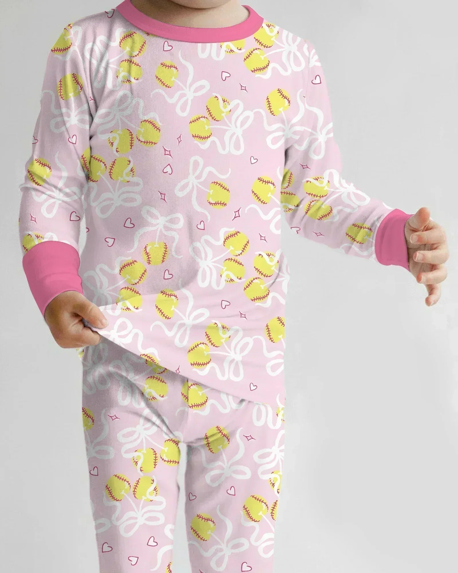 Softball Cherry Mom And Girl Matching Bamboo Two Piece Long Sleeve Pajama Set