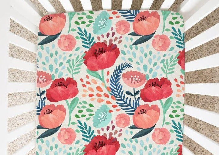 Blush Pink And Teal Mint Poppies - Minky / Jersey Crib Sheets