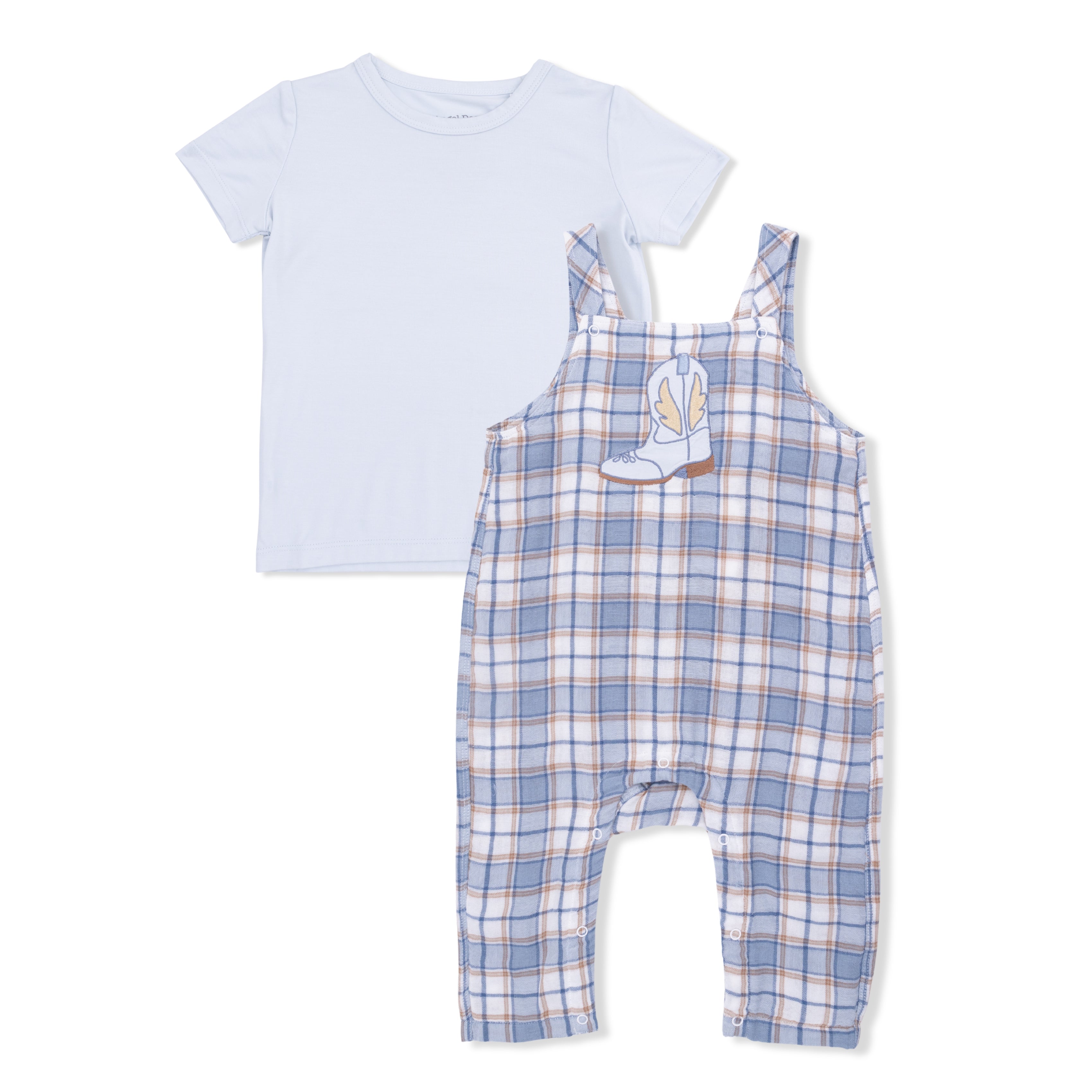 Western Boot Plaid - Crew Neck Tee With Overalls