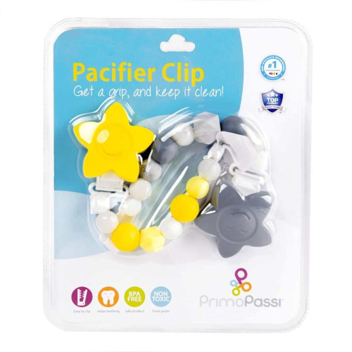 3-in-1 Silicone Pacifier Clip In Grey And Yellow