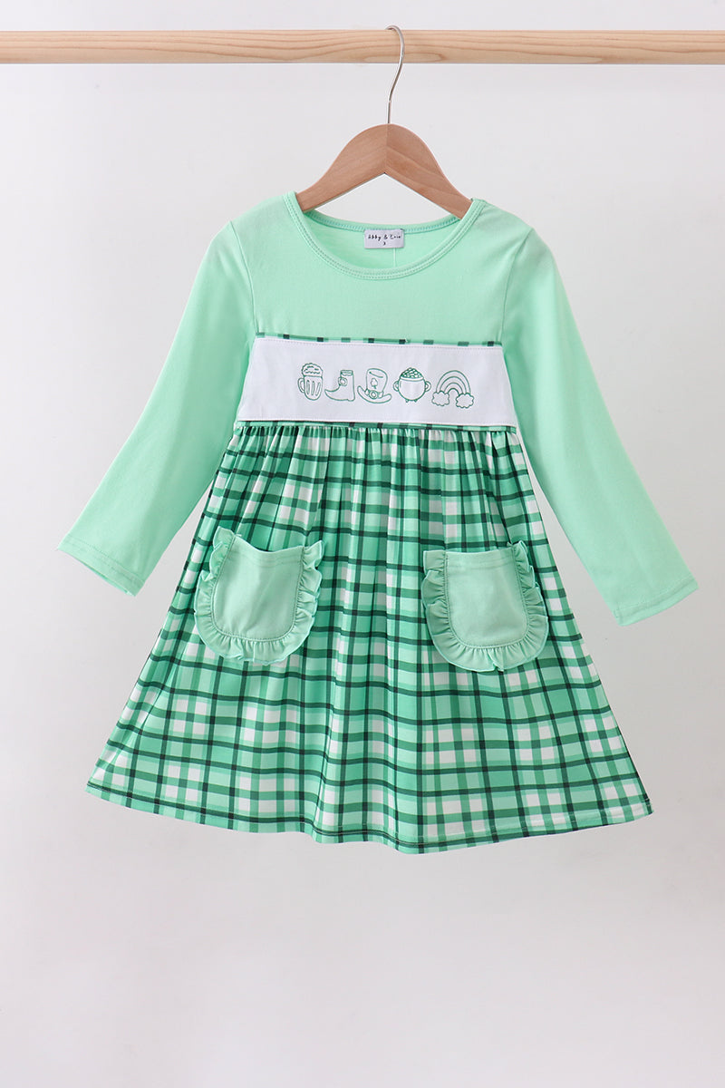 Green Parade Embroidery Gingham Dress