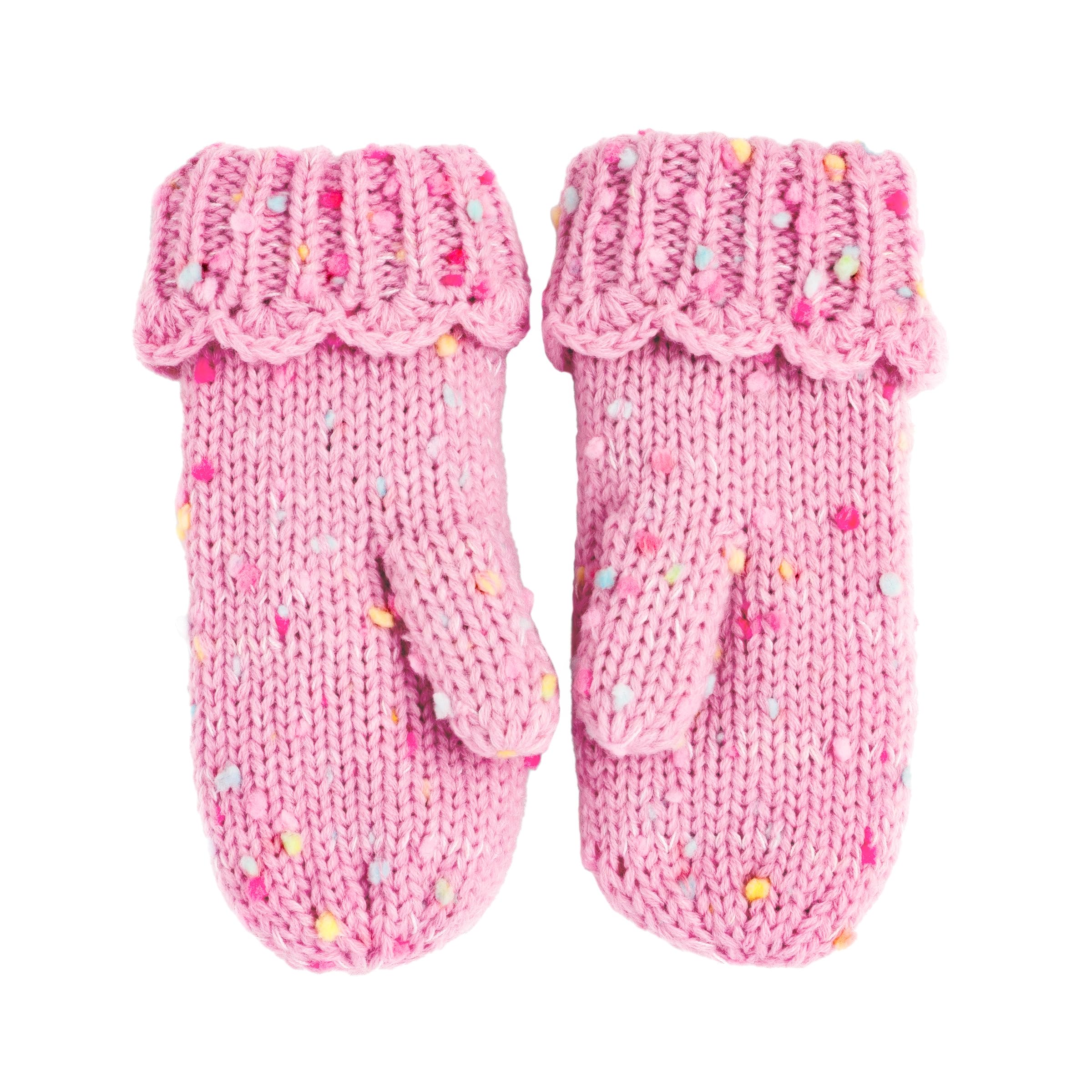 Girls Fun Speckled Knit Mittens With Scalloped Lace Cuff, For Kids All Ages 1-12 Years, Fleece-lined
