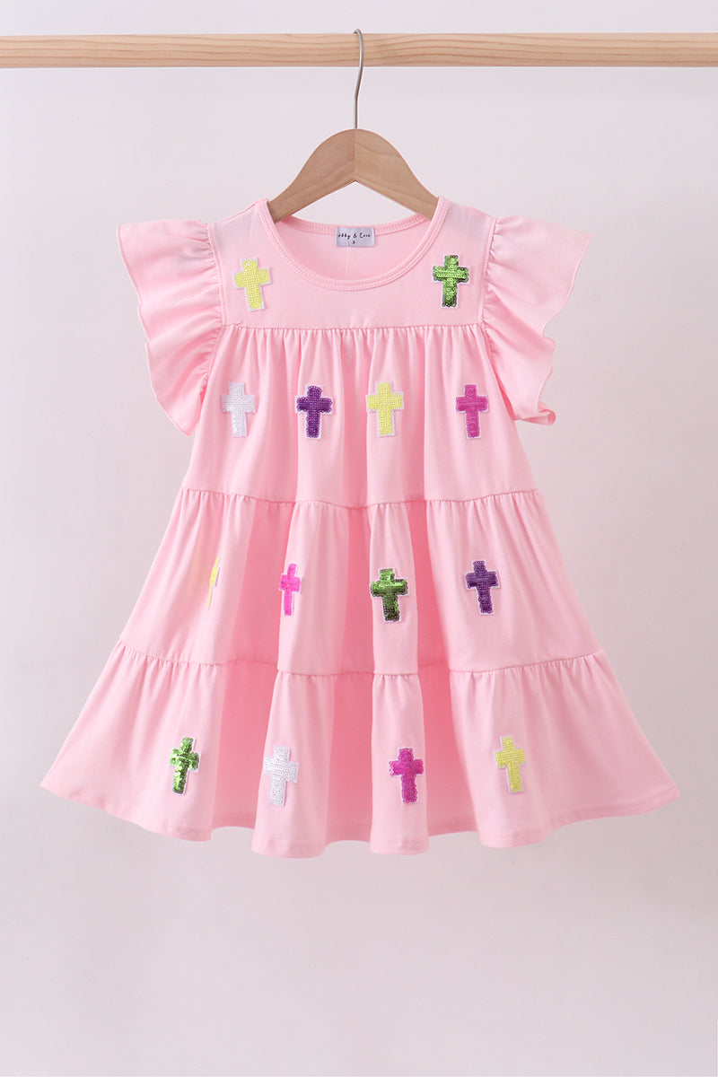 Pink Cross Sequin Tiered Dress