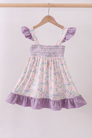 Purple Floral Smocked Ruffle Dress