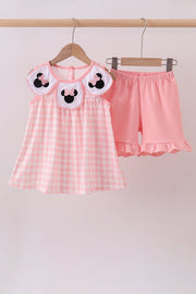 Pink Character Embroidery Gingham Bubble