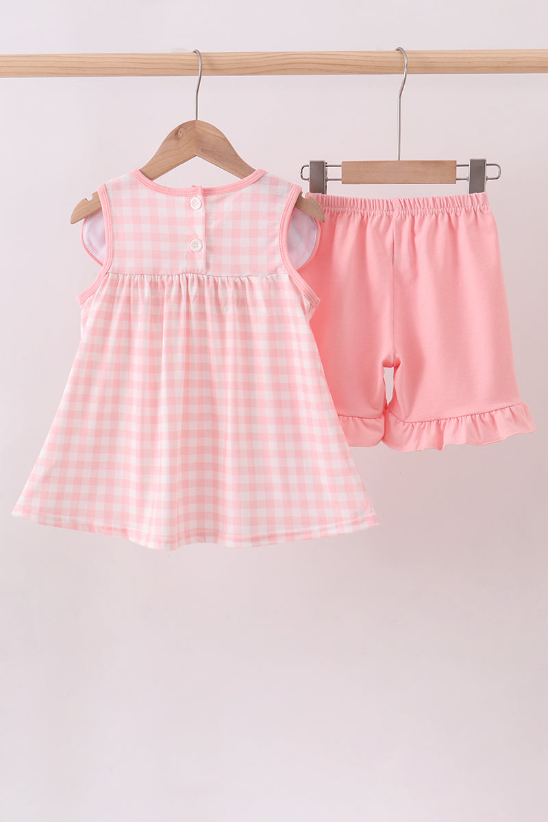 Pink Character Embroidery Gingham Bubble