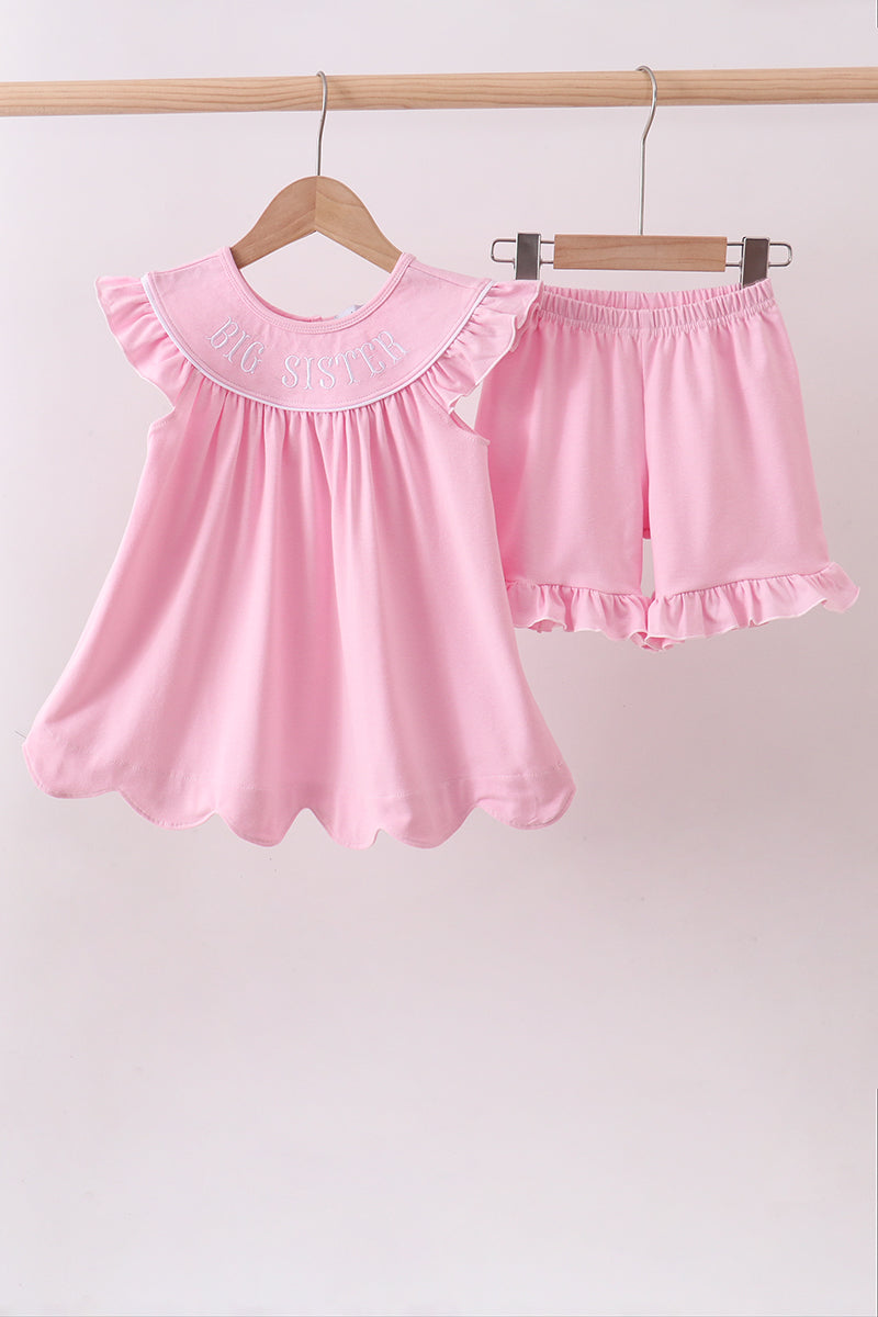 Pink Big Sister Embroidery Ruffle Shorts Set