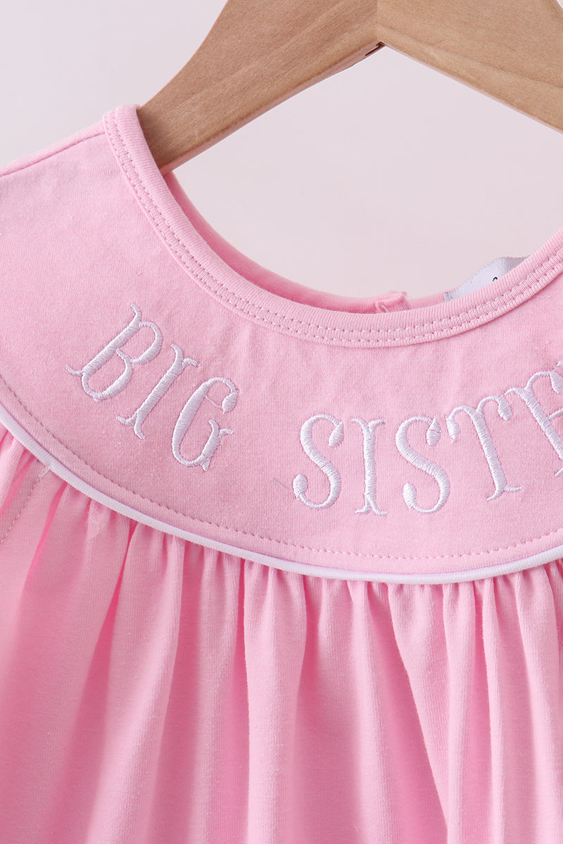 Pink Big Sister Embroidery Ruffle Shorts Set