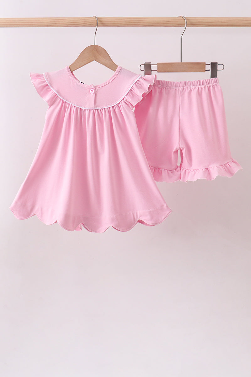 Pink Big Sister Embroidery Ruffle Shorts Set