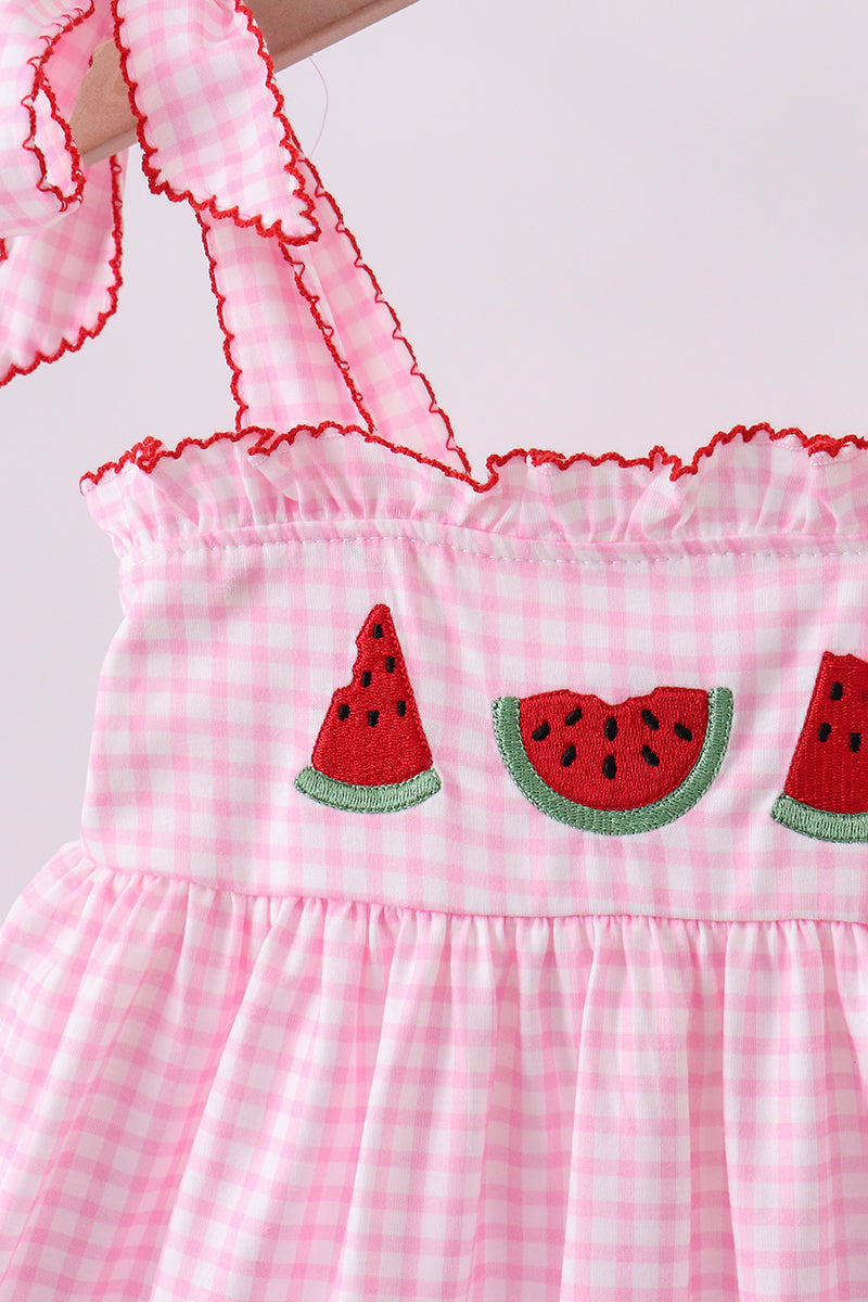 Pink Watermelon Embroidery Ruffle Dress