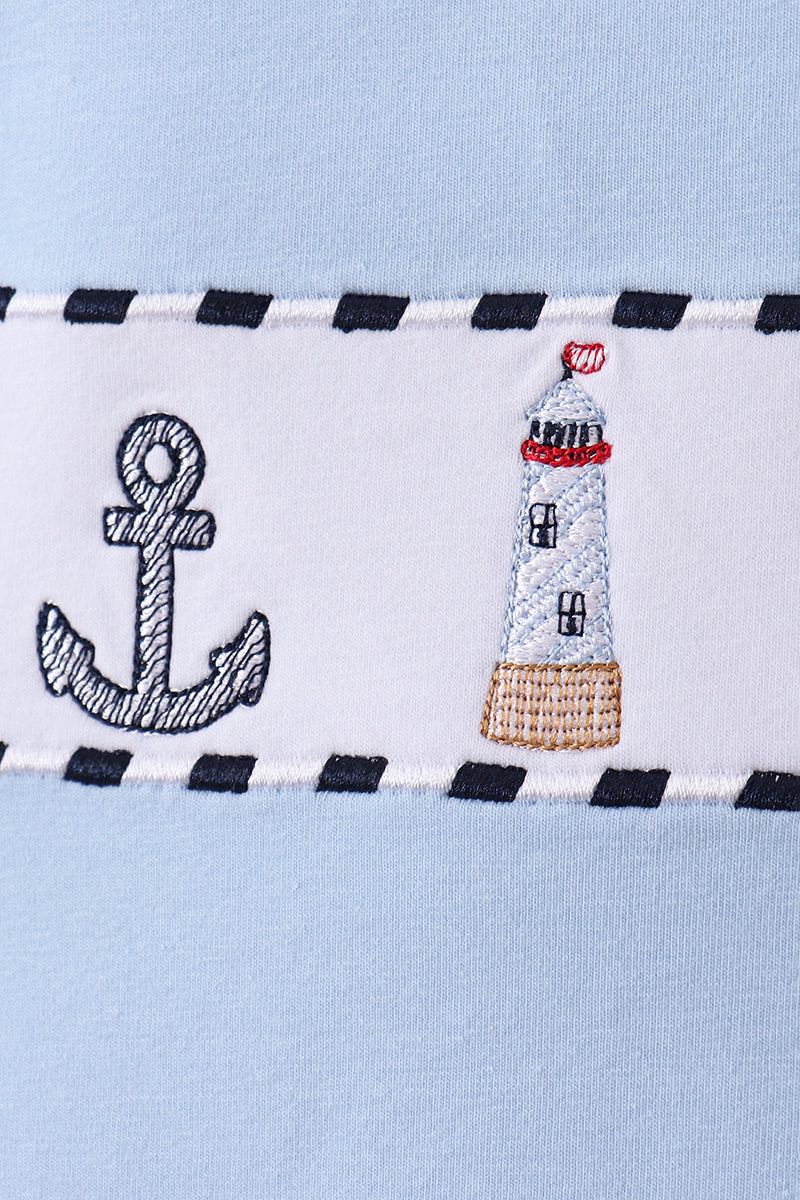 Blue Sailboat Embroidery Gingham Shorts Set