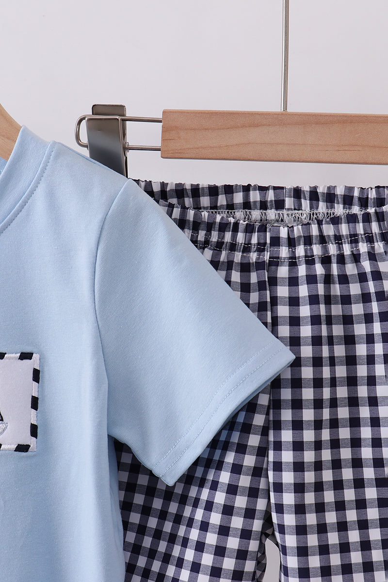Blue Sailboat Embroidery Gingham Shorts Set