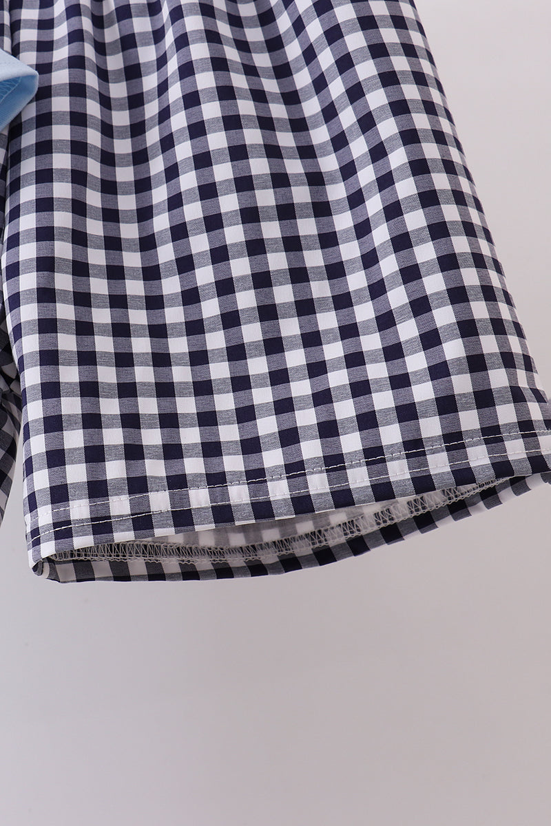 Blue Sailboat Embroidery Gingham Shorts Set