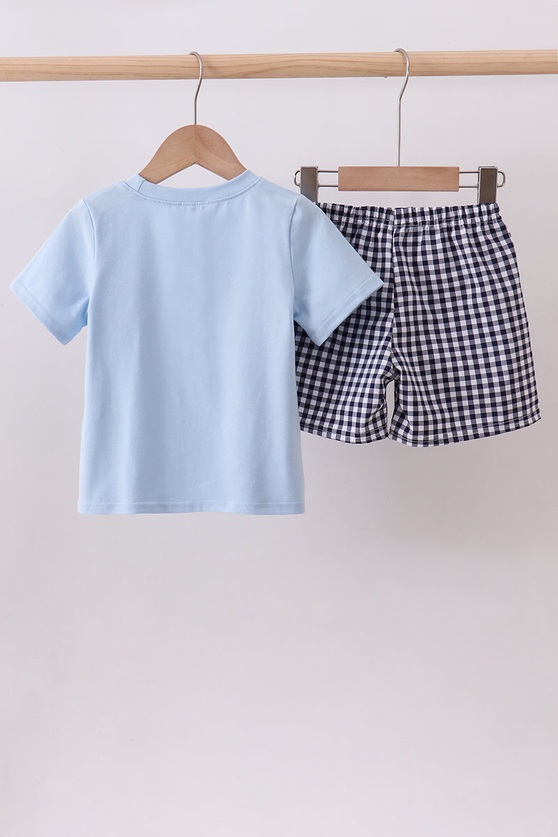Blue Sailboat Embroidery Gingham Shorts Set