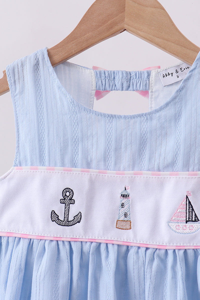 Blue Sailboat Embroidery Jacquard Shorts Set