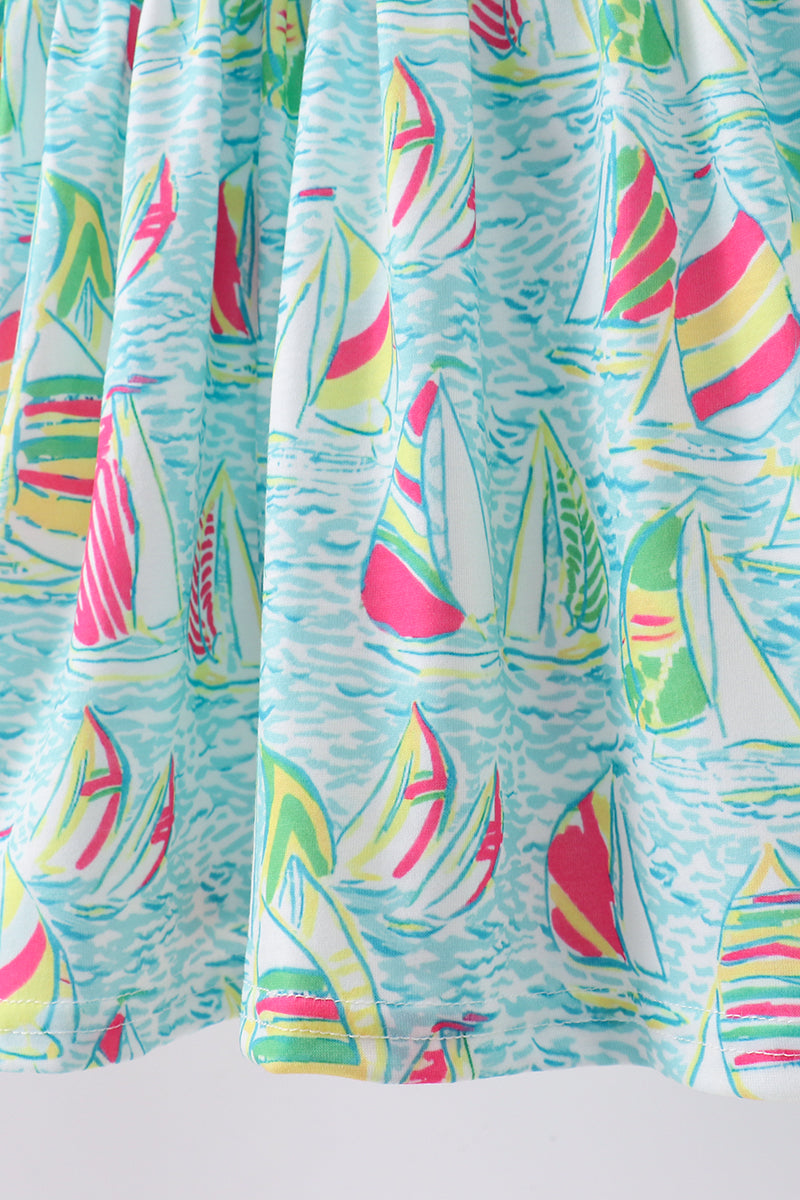 Blue Sailboat Print Ruffle Shorts Set