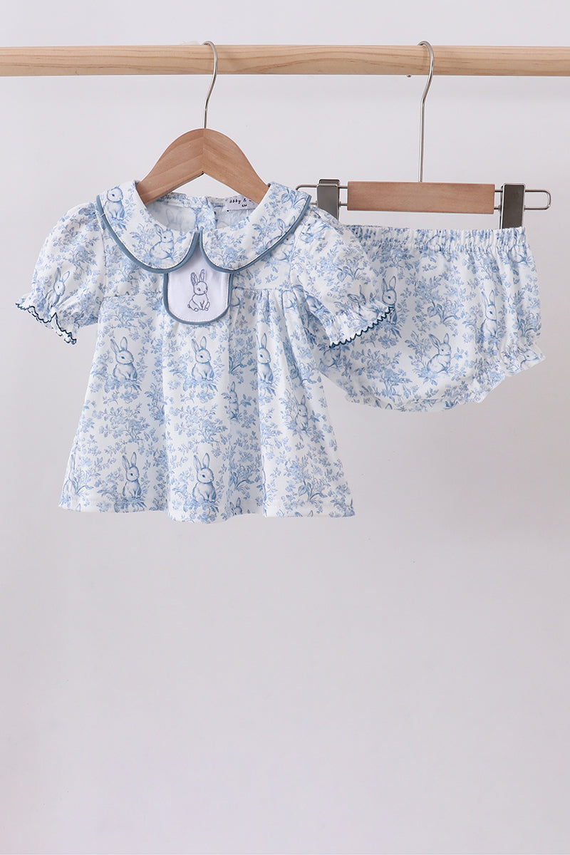 Navy Bunny Embroidery Floral Peter Pan Collar Bloomer Set