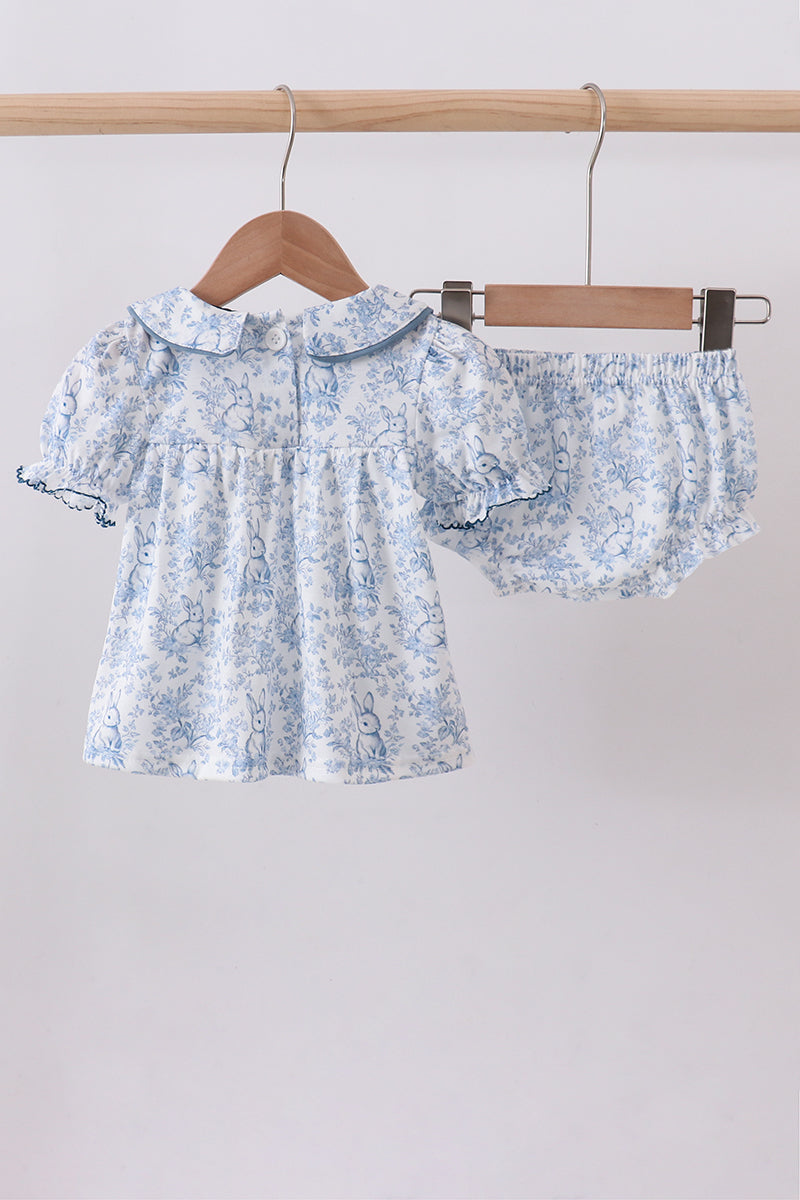 Navy Bunny Embroidery Floral Peter Pan Collar Bloomer Set