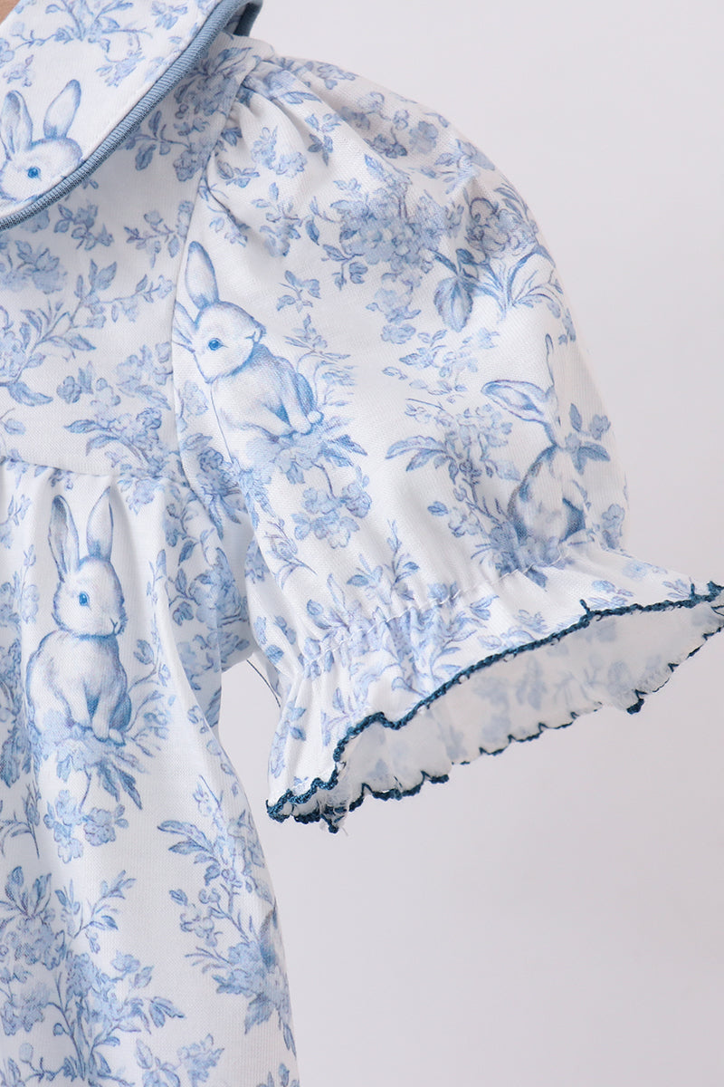 Navy Bunny Embroidery Floral Peter Pan Collar Bubble