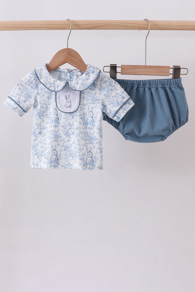Navy Bunny Embroidery Peter Pan Collar Bloomer Set