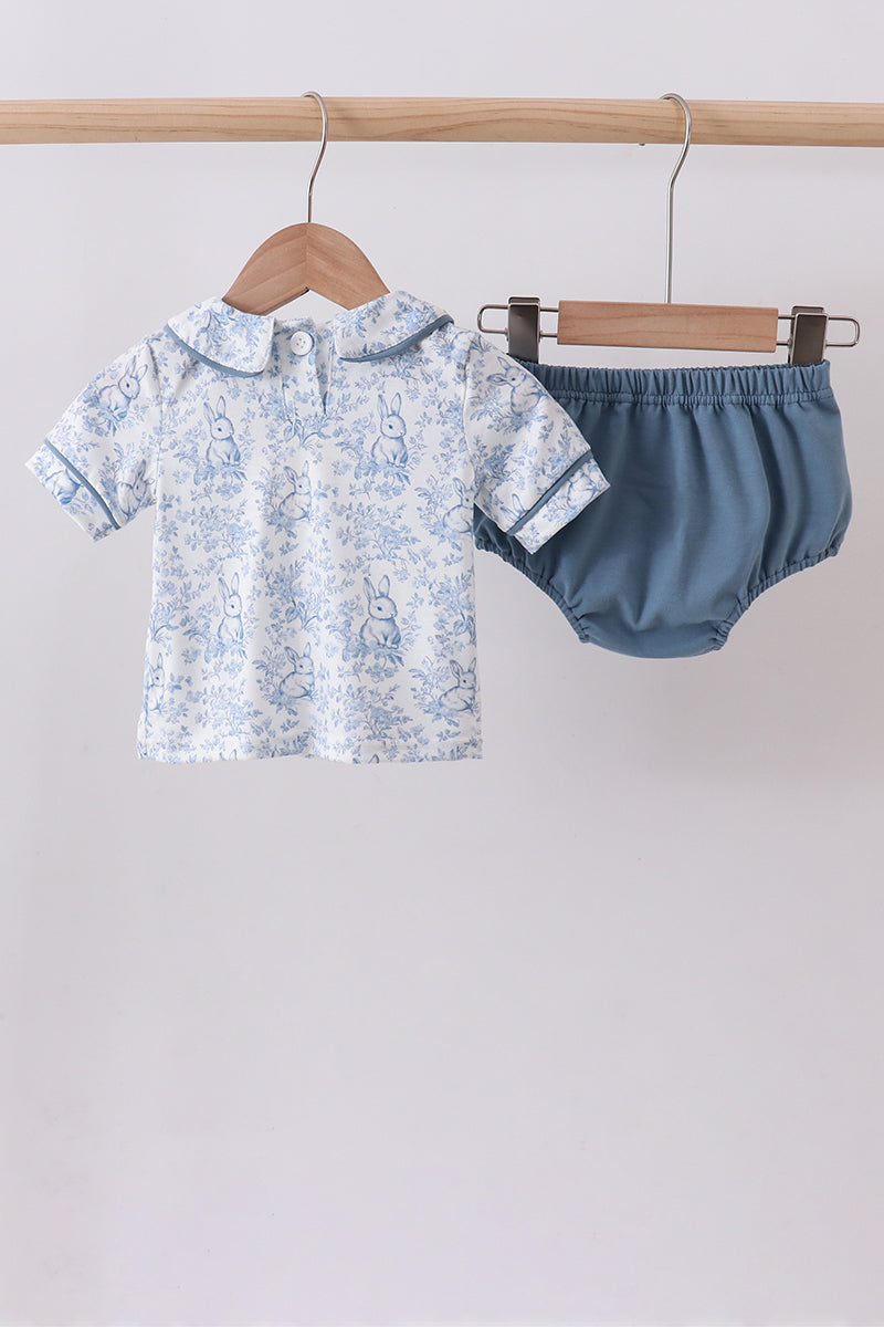 Navy Bunny Embroidery Peter Pan Collar Bloomer Set