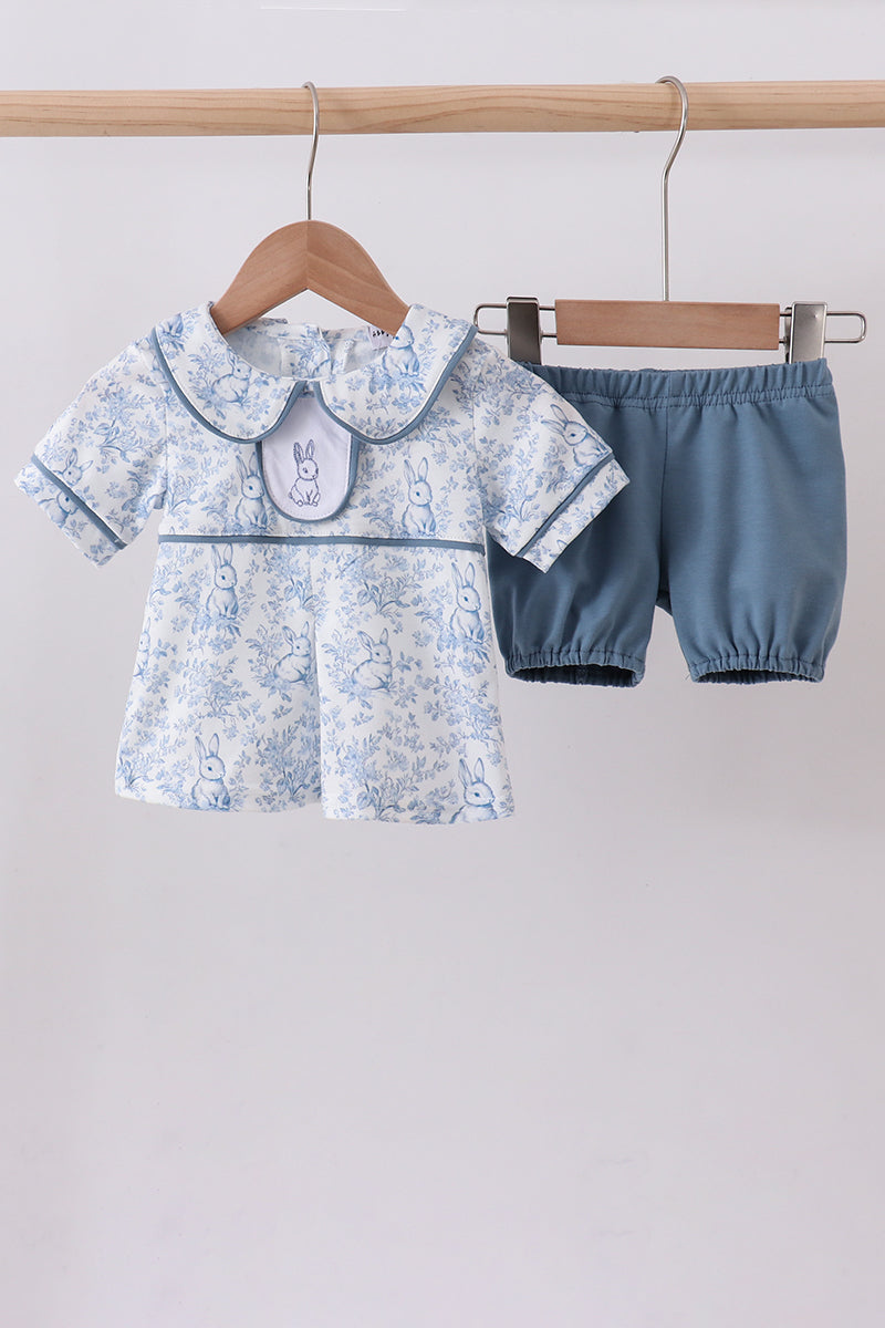 Navy Bunny Embroidery Peter Pan Collar Bloomer Set