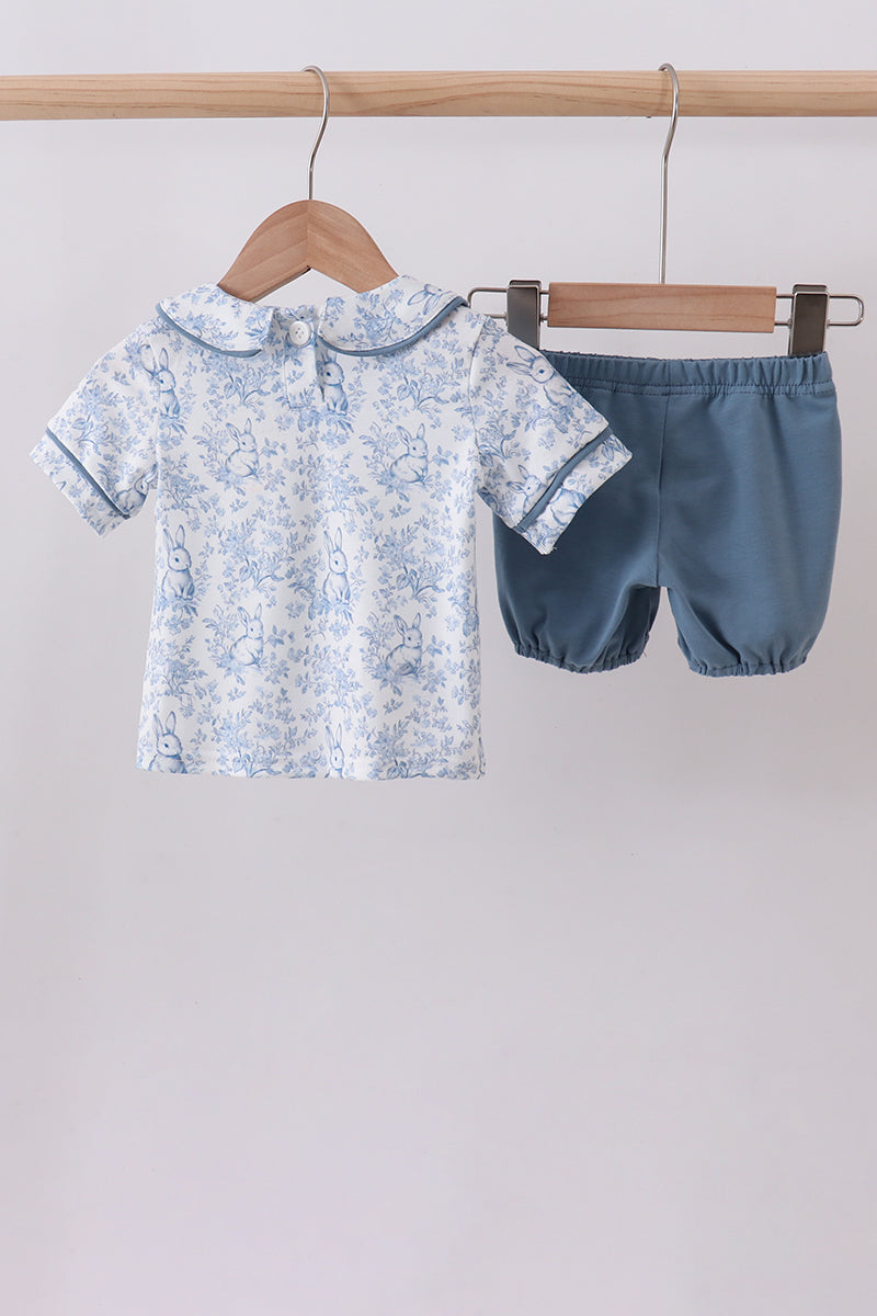 Navy Bunny Embroidery Peter Pan Collar Bloomer Set
