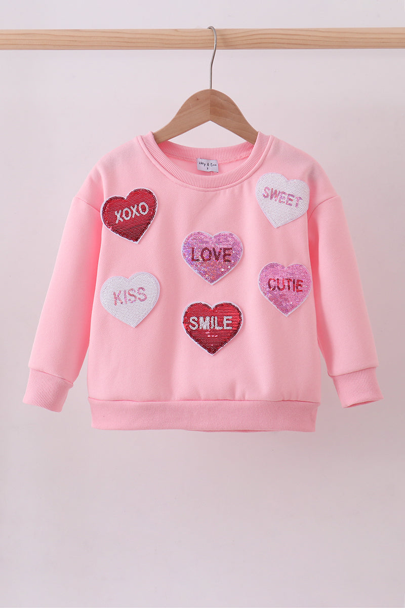 Pink Heart Love Smile Sequin Fleece Mom&me Sweatshrit