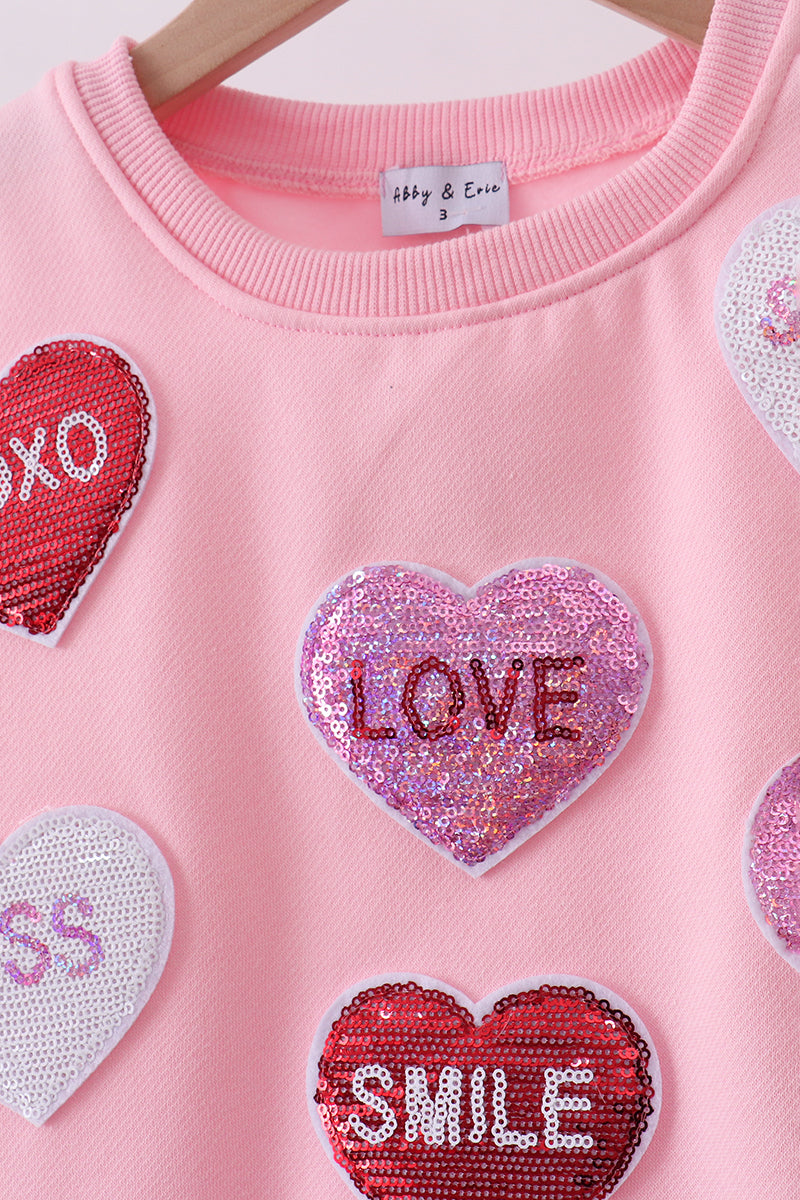 Pink Heart Love Smile Sequin Fleece Mom&me Sweatshrit
