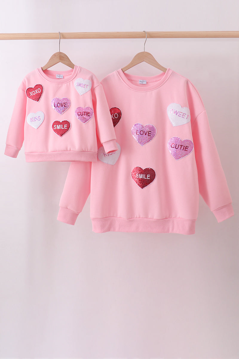 Pink Heart Love Smile Sequin Fleece Mom&me Sweatshrit