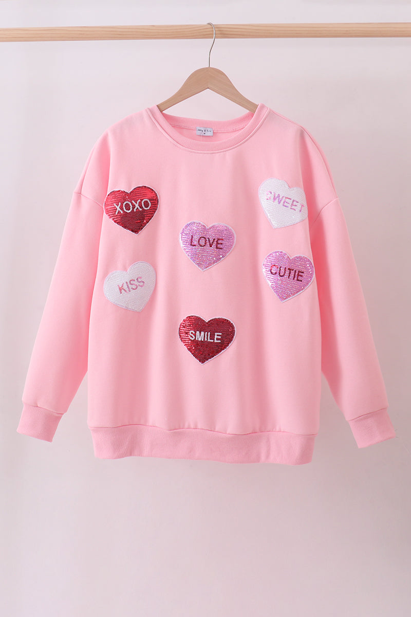 Pink Heart Love Smile Sequin Fleece Mom&me Sweatshrit