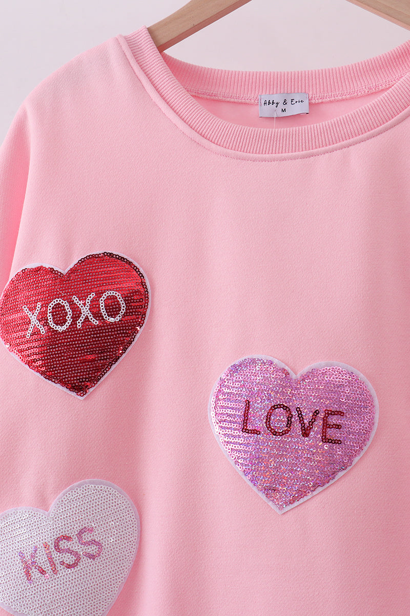 Pink Heart Love Smile Sequin Fleece Mom&me Sweatshrit